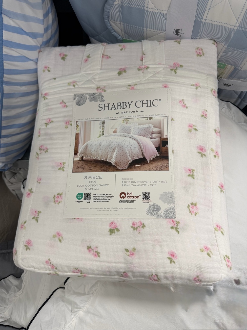 Shabby Chic Pink 3 PC King Gauze Duvet Set Pink Rose with Ruffles ~ Matching Bag - Picture 15 of 16
